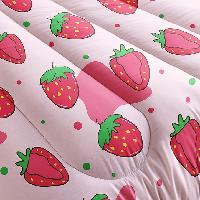 Kawaii Comforter Full,Pink Strawberry Comforter Set for Kids Teens Girls,3Pcs Bedding Set Printed Comforter with 2 Pillowcases,Down Alternative,Soft and Lightweight，Full Size