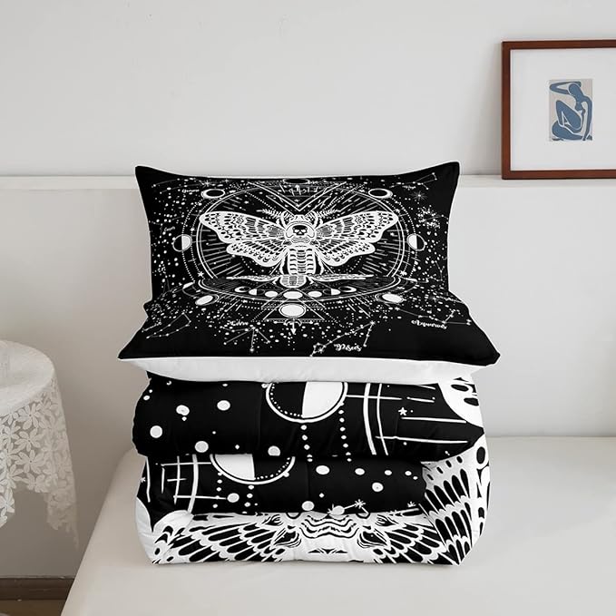 Kids Boho Moth Comforter Set Queen Boys Gothic Skull Bedding Set For Men Women Bedroom Decor Bohemian Moon Starry Sky Comforter Exotic Moth Skull Skeleton Bones Duvet Set Teens Quilt Set, Black White