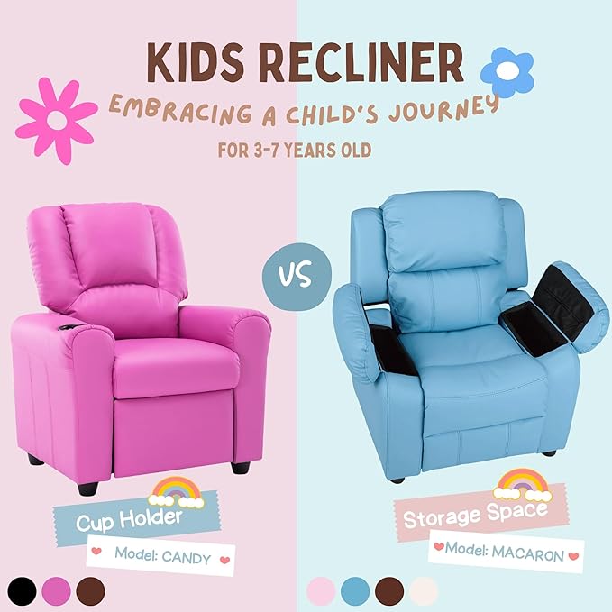 JC Home MACARON Kids Chair Leather Recliner Sofa Toddler Youth Children Child Ages 3-7, Small, Babyblue