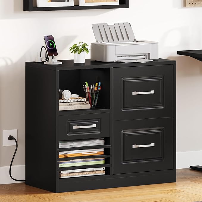 YITAHOME 3 Drawer File Cabinet, Filing Cabinet with Charging Station, Printer Stand with Open Storage Shelves, Fits for A4, Letter, Legal Size Files, Black