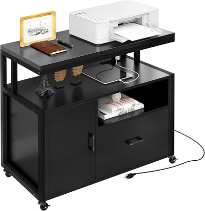 YITAHOME Wood File Cabinet with Charging Station, Rolling Filing Cabinet Cart with Door, Industrial Nightstand with Printer Shelf for Home Office, Bedroom, Living Room, Entryway, Black