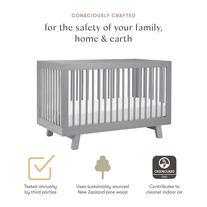 Babyletto Hudson 3-in-1 Convertible Crib with Toddler Bed Conversion Kit in Grey, Greenguard Gold Certified