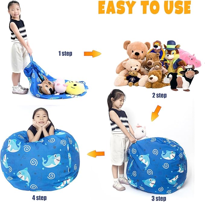 Stuffed Animal Storage Bean Bag Chair Cover, Hold Kids Plush Toys Blankets Towels Beanbag (Cover Only), Canvas Floor Circle Stuff Sit Seat Sofa with YKK Zipper, Large 32", Blue Shark