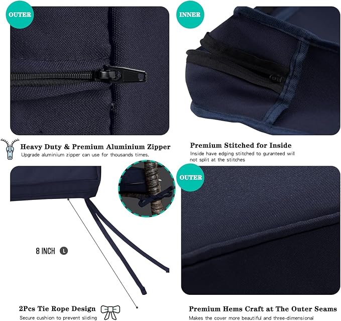 ClawsCover 3Pack Outdoor Seat Cushions Replacement Covers Fit for 4 Pieces Wicker Rattan Furniture Patio Conversation Set Loveseat Chair,38x19x2,19x19x2,Navy-Large (Include Cover Only)