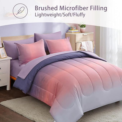 6 Pieces Comforter Set Twin Size for Girls - Gradient Pink and Purple All Season Teens Comforter Bedding Set, Ultra-Soft Fluffy Down Alternative Microfiber Bed in a Bag for Kids