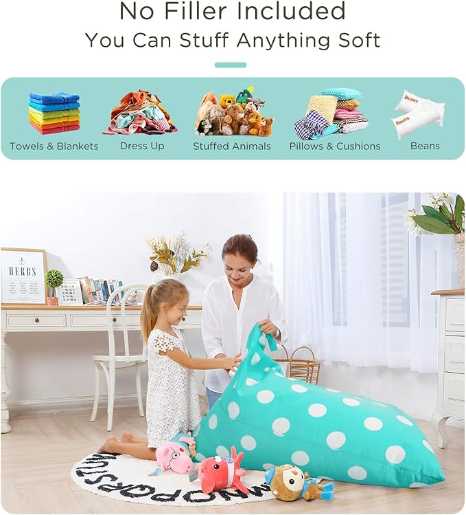 Aubliss Stuffed Animal Storage Bean Bag Chair Cover, 50"x 35" Extra Large Bean Bags for Kids & Adults, Beanbag Toy Storage for Boys Girls - Premium Cotton Canvas Aqua Dot
