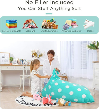 Aubliss Stuffed Animal Storage Bean Bag Chair Cover, 50"x 35" Extra Large Bean Bags for Kids & Adults, Beanbag Toy Storage for Boys Girls - Premium Cotton Canvas Aqua Dot