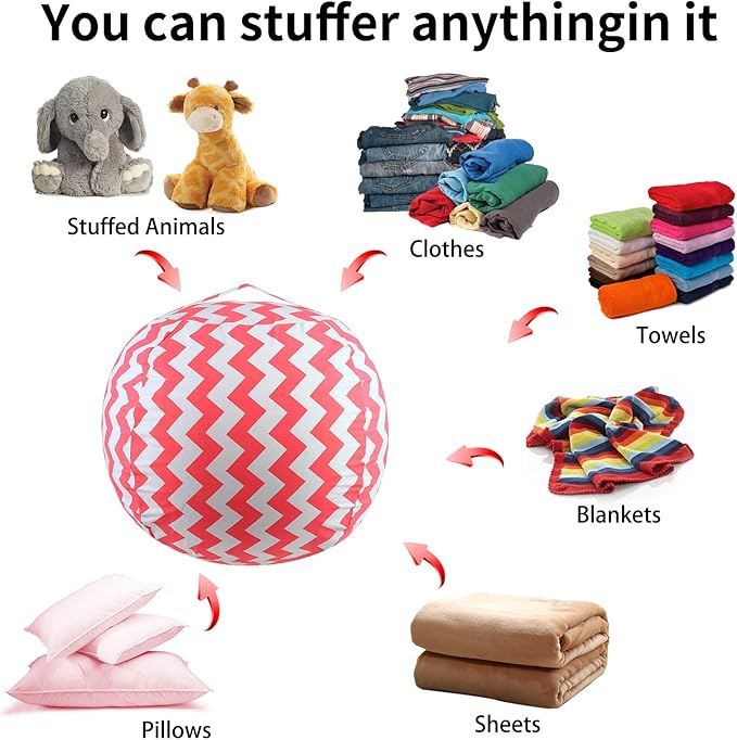 Stuffed Animal Storage Bean Bag Chairs Toy Storage Organizer Bean Bags Chair Cover for Kids 24" Cotton Canvas Beanbag with Zipper for Organizing Kid's and Adults Room and Adults, Pink wave