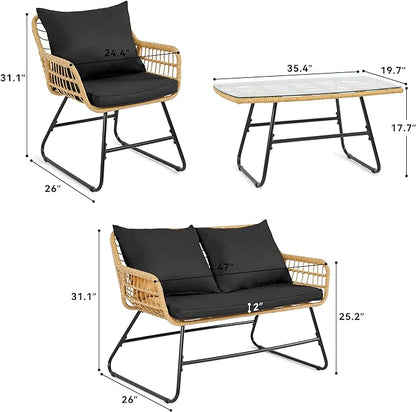 YITAHOME Patio Furniture Wicker Outdoor Bistro Set, 4-Piece All Weather Patio Furniture Rattan Conversation Loveseat Sets for Backyard, Balcony and Deck, Light Brown+Black
