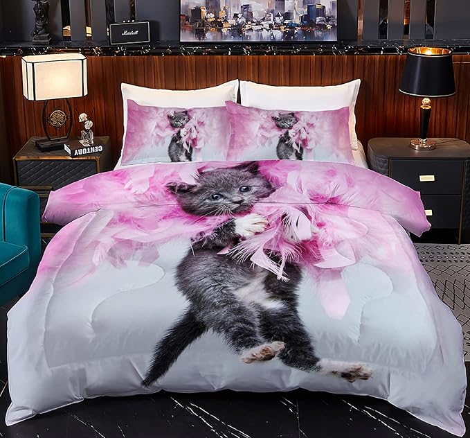 Cat Comforter Set Queen Size for Kids Pink Feathers Black Cat 3Pcs Bedding Set for boys and Girls (1Summer Comforter+ 2 Pillowcases) Lovely Animal Pets Duvet Set
