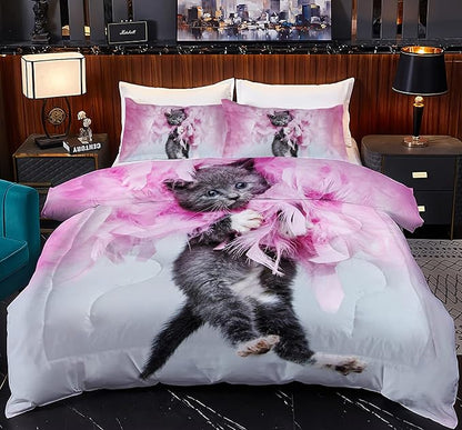 Cat Comforter Twin, Cat Bedding Set Twin Size for Kids, Cat Comforter Set for Girls and Boys, Pink Feathers Black Cat 3Pcs(1Summer Comforter+ 2 Pillowcases) Lovely Animal Pets Duvet Set