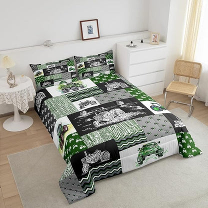 Tractor Bedding Set King Size Equipment Trucks Comforter Set Farmhouse Harvester Down Comforter for Kids Boys Car Bedroom Decor Green Vehicle Quilt Set Plaid Comforter with 2 Pillowcases, Grey