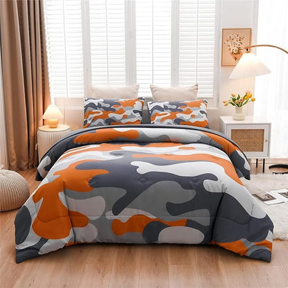 Meeting Story Camouflage Bedding Set, Colorful Pattern Style Comforter Set, 5 PCS One Comforter Two Pillowcases Two Sheets in One Bag, All Season Bedspread for Teens Adults (Orange, Queen 5Pcs)