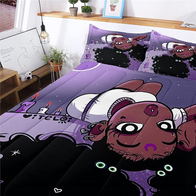 Full Bedding Sets for Girls, African American Black Girl Magic Comforter Set with Girl Lay on Bed, Purple Bed Set for Toddler Kids, Little Girls Bedroom Decor, 1 Comforter with 2 Pillowcases