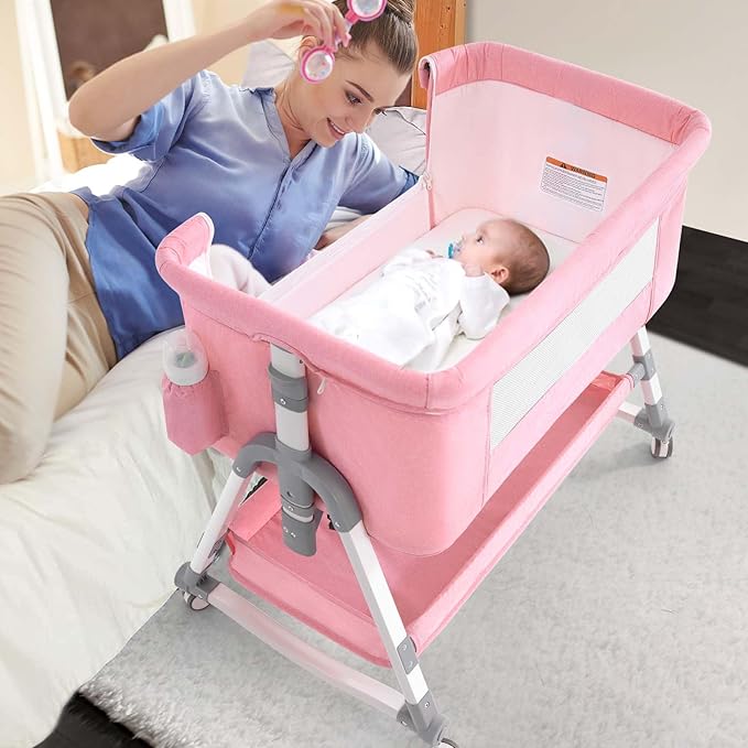 4 in 1 Baby Bassinet, Rocking Bassinets Bedside Sleeper with Comfy Mattress and Wheels, Height Adjustable Easy Folding Portable Bedside Crib for Newborn Infant,Pink