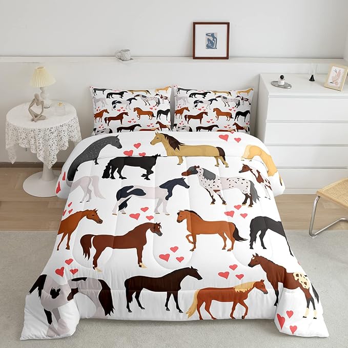 Galloping Horse Comforter Set Full Farm Bedding Set Kids Boys Girls Teens Cute Safari Animal Duvet Set Cartoon Horses with Pink Lover Heart Decor Kawaii Lightweight Cowboy Cowgirls Down Comforter