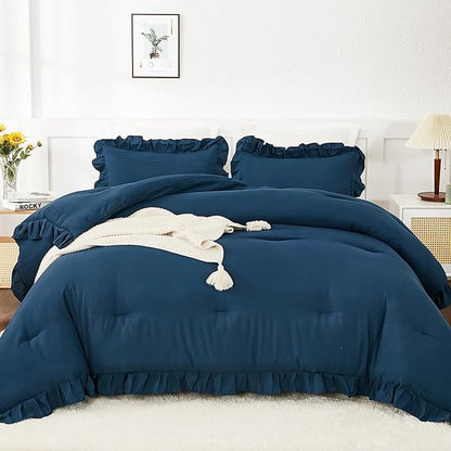 Andency Navy Blue Full Size Comforter Set(79x90Inch), 3 Pieces(1 Ruffle Comforter and 2 Pillowcases) Lightweight Fluffy Bedding Comforter Sets Full Bed, All Season Soft Microfiber Bedding Set