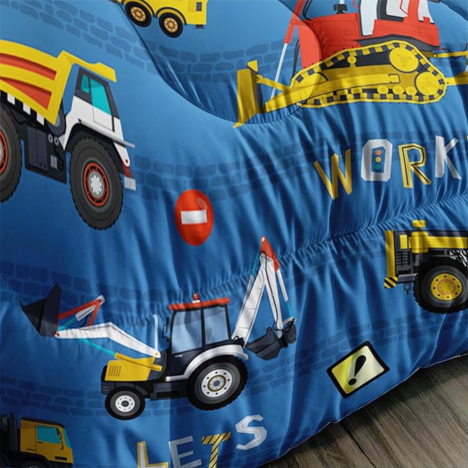 Axolotl Tractor Truck Bedding Set Full,Excavator Comforter Set,Vehicles Truck Comforter,Boys Bedding Machinery Truck Comforter Construction Site Decor for Kids Boys Teens,1 Quilt 2 Pillowcases,Blue