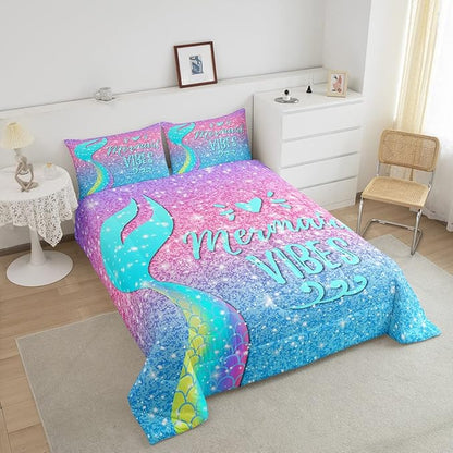 Kawaii Mermaid Bedding Twin,Mermaid Scales Tail Comforter Set Glitter Star Galaxy Princess Bedding Set Watercolor Blue Pink Pastel Ombre Quilt Duvet Ocean Animal Comforter Teal Girly Room Decor 2 Pcs