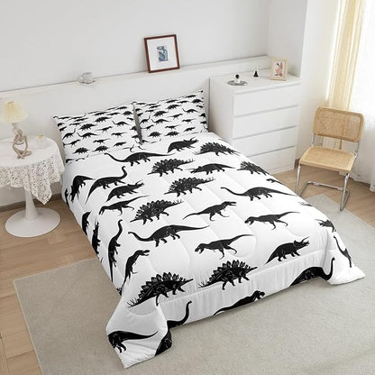 Erosebridal Dinosaur Comforter Set Dino Silhouettes Bedding Set Queen Size, Wildlife Animals Black White Duvet Sets for Kids Boys Teens Adult Bedroom Decor Dinosaurs Comforter with 2 Pillow Cases