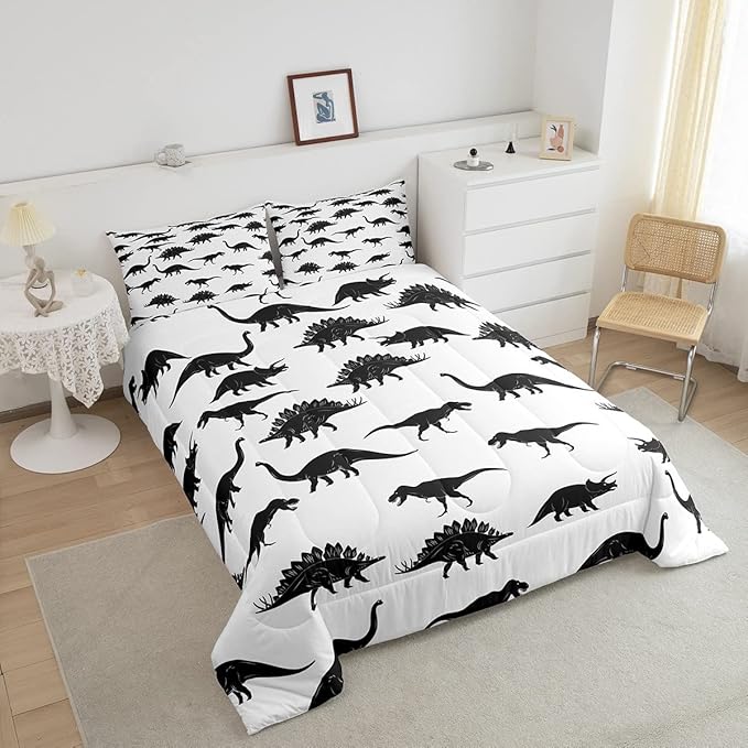 Erosebridal Dinosaur Comforter Set Dino Silhouettes Bedding Set Twin Size, Wildlife Animals Black White Duvet Sets for Kids Boys Teens Adult Bedroom Decor Dinosaurs Comforter with 1 Pillow Case