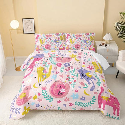Floral Cat Comforter King Size,Pink Cat Comforter Set for Kids Teens Girls,3Pcs Bedding Set Printed Comforter with 2 Pillowcases,Down Alternative,Soft and Lightweight(Pink，King Size)