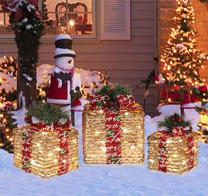 [Ultra-Large 15.5"x13.5"x11" Christmas Set of 3 Lighted Rattan Gift Boxes Decorations Pre-lit 91 Super-Bright LED with Flashers,for Indoor Outdoor Pathway Holiday Party Home(Warm White)
