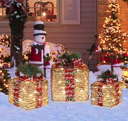 [Ultra-Large 15.5"x13.5"x11" Christmas Set of 3 Lighted Rattan Gift Boxes Decorations Pre-lit 91 Super-Bright LED with Flashers,for Indoor Outdoor Pathway Holiday Party Home(Warm White)