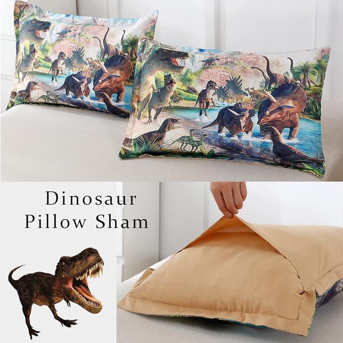 WINLIFE Dinosaur Comforter Set Queen Kids Dinosaur Bedding Set Jurassic Jungle Dino Comforter Sets for Boys Teens, Lightweight Easy Care Bed Linen Set (3 Pieces, Queen)