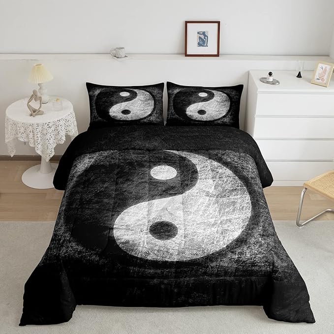 Feelyou Yin Yang Bedding Set for Girls Boys Children Boho Trippy Psychedelic Art Comforter Set Decorative Gossip Pattern Comforter Traditional Ying Yang Theme Duvet Set King Size 3Pcs