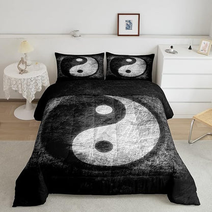 Feelyou Yin Yang Bedding Set for Girls Boys Children Boho Trippy Psychedelic Art Comforter Set Decorative Gossip Pattern Comforter Traditional Ying Yang Theme Duvet Set Queen Size 3Pcs