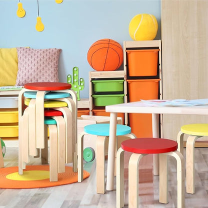 4 Pcs 12 Inch Bentwood Stacking Stool for Kids Colored Durable Round Nesting Stool Flexible Wood Stackable Stool Chairs for Playroom Daycare Home Classroom (Bright Color)