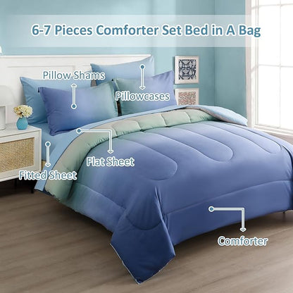 Dinjoy Girls Comforter Set Queen Size Colorful Rainbow Ombre Blue Green Pink Bedding Set Gradient 7 Pieces Bed in A Bag for Kids Teen Girl Women(1 Comforter, 1 Flat Sheet, 1 Fitted Sheet)