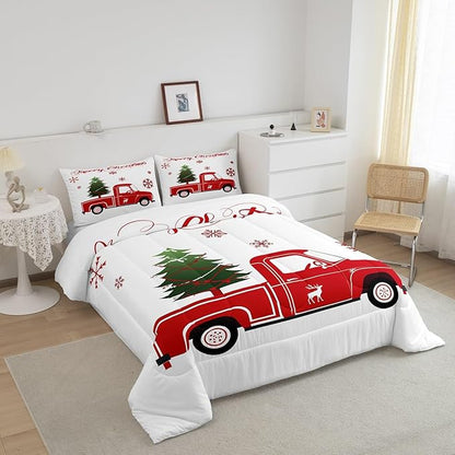 Christmas Tree Comforter Set Queen Size Red Truck Bedding Set Boys Girls Red Xmas Gift Snowflakes Comforter for Teens Bedroom Decor Elk Deer Christmas Decorations Bedding Duvet Set