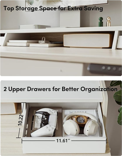 BANTI Height Adjustable Electric Standing Desk with Three Drawers, 48 x 25 Inch Table with Storage Shelf, Sit Stand Desk with Storage Space, Splice Board with White Frame/Light Walnut Top, 48 inch