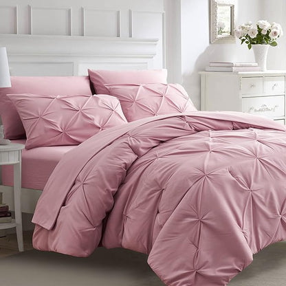Ubauba 7pc Full Size Comforter Sets with Sheets for Girls, Pinched Pleat 7 Piece Bed in a Bag Blush Bed Set with Comforter, Pintuck All Season Bedding Sets (Pink,Full)