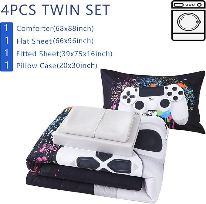 KAKKI 4 Piece Boys Twin Gamer Comforter Set with Sheets, 3D Colorful Video Game Controller Comforter for Kids Teen, All Season Soft Microfiber Gaming Bedding Set(White,Twin)