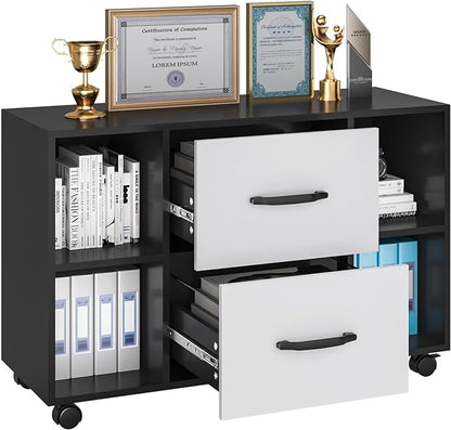 sogesfurniture Mobile Lateral Filing Cabinet with 2 Drawers,Lateral Office Cabinet Printer Stand, Multifunctional Storage Cabinet with Open Shelves and Castors for Home & Office (Black)