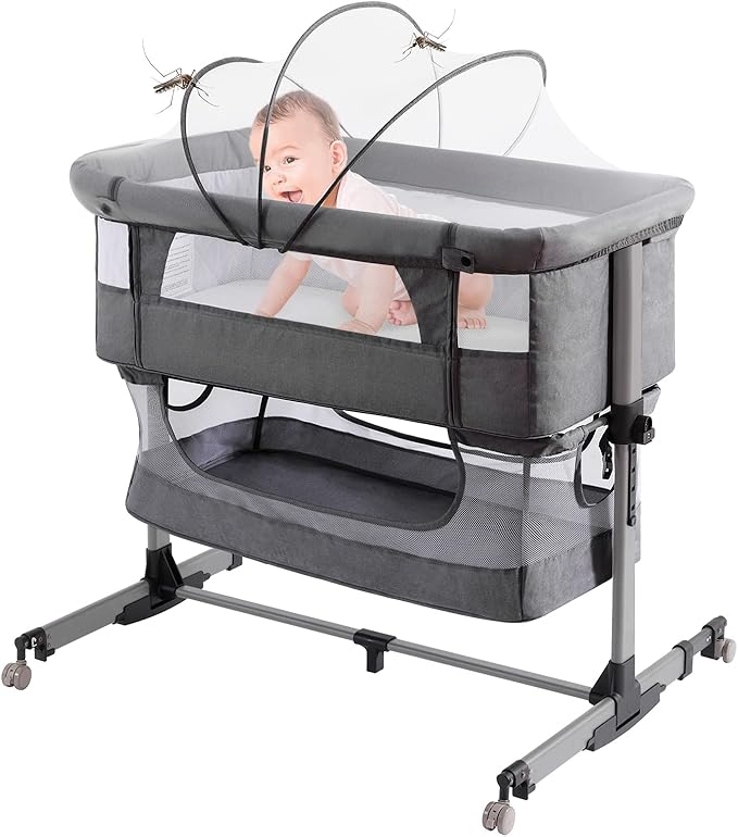 Baby Crib,3 in 1 Baby Bassinet Bedside Crib Adjustable Portable Bed for Infant,Baby Newborn Must Have Bed,Grey