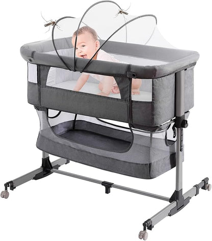 Baby Crib,3 in 1 Baby Bassinet Bedside Crib Adjustable Portable Bed for Infant,Baby Newborn Must Have Bed,Grey