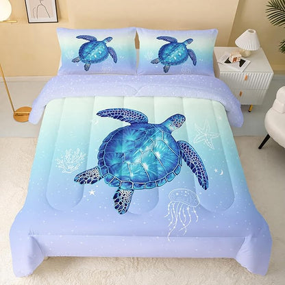 Turtle Comforter Twin Size,Ocean Comforter Set for Kids Teens Girls Boys,3Pcs Bedding Set Printed Comforter with 2 Pillowcases,Down Alternative,Soft and Lightweight(Blue，Twin Size)