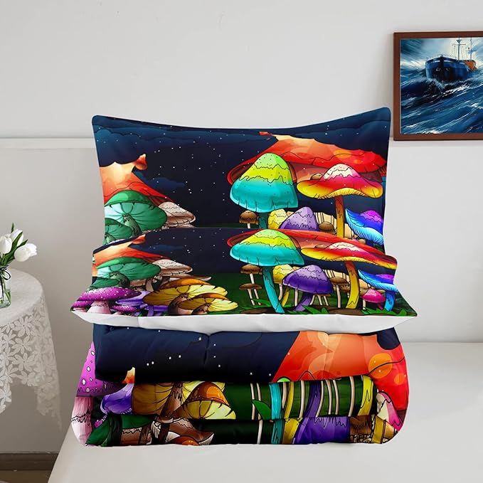 Mushroom Comforter Set Queen Size, Cute Mushroom Patterns Bedding Set for Boys Bedroom, Girls Ultra Soft Comforter Set Queen Size, Colorful Mushroom Comforter for All Season 3Pcs with Pillowcases