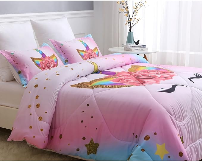 Unicorn Full Bedding Sets for Girls Kids Comforter Set Full Size with 2 Pillowcases Pink and Rainbow Unicorn Room Decor for Girls Bedroom Ultra Soft Machine Washable Toddler Bed Set