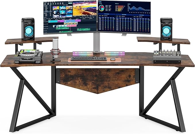 70.9" Large Computer Desk Home Office Desk Wing-Shaped Gaming Studio Desk, Rustic Brown
