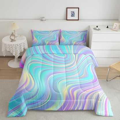 Pastel Rainbow Comforter Set with Pillowcases Abstract Wave Stripes 3D Printed Designs 3 Piece Bedroom Duvet Set Psychedelic Girl Bed Down Comforter for Kids Women Dorm Room (Queen,Coulourful Marble)