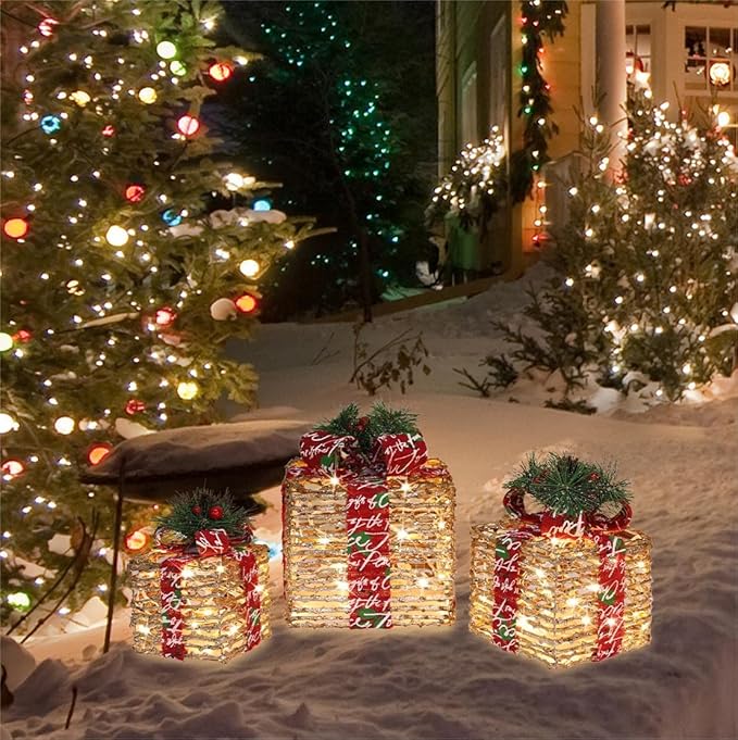 [Large 10"x8.5"x7" Christmas Set of 3 Lighted Rattan Gift Boxes Decorations Pre-lit 70 Super-Bright LED with Flashers,for Indoor Outdoor Pathway Holiday Party Home(Warm White)