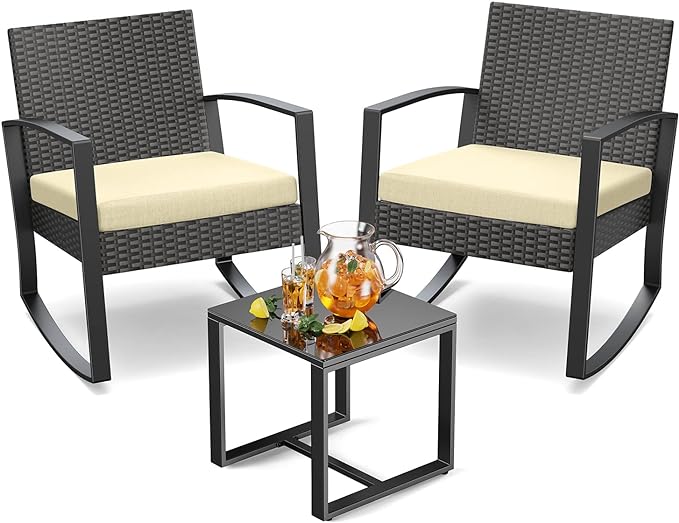 Patio Furniture Set Outdoor Wicker Bistro Set, Modern Rattan Patio Chairs Conversation Set with Coffee Table for Balcony Porch Garden Yard Poolside (3 Pieces, Beige)