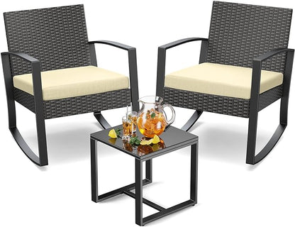 Patio Furniture Set Outdoor Wicker Bistro Set, Modern Rattan Patio Chairs Conversation Set with Coffee Table for Balcony Porch Garden Yard Poolside (3 Pieces, Beige)