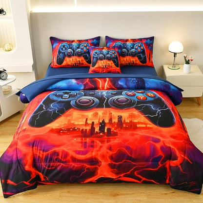 Game Console Twin Comforter Set with Sheets, Microfiber 6 Pcs Bed in A Bag Twin Size Gamer Bedding Set for Boys Kids Teens