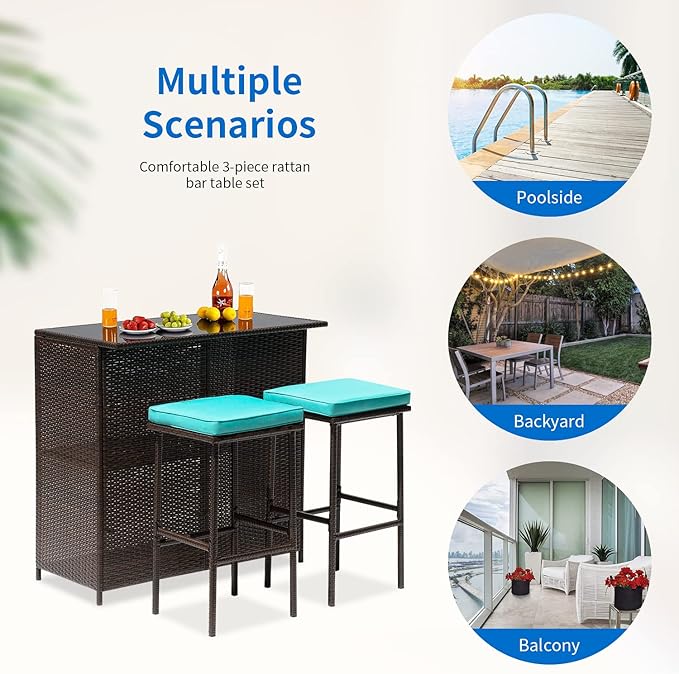 FDW 3PCS Patio Bar Set Outdoor Furniture Set Wicker Bistro Set with Two Stools for Patio Backyard Balcony,Blue Cushion